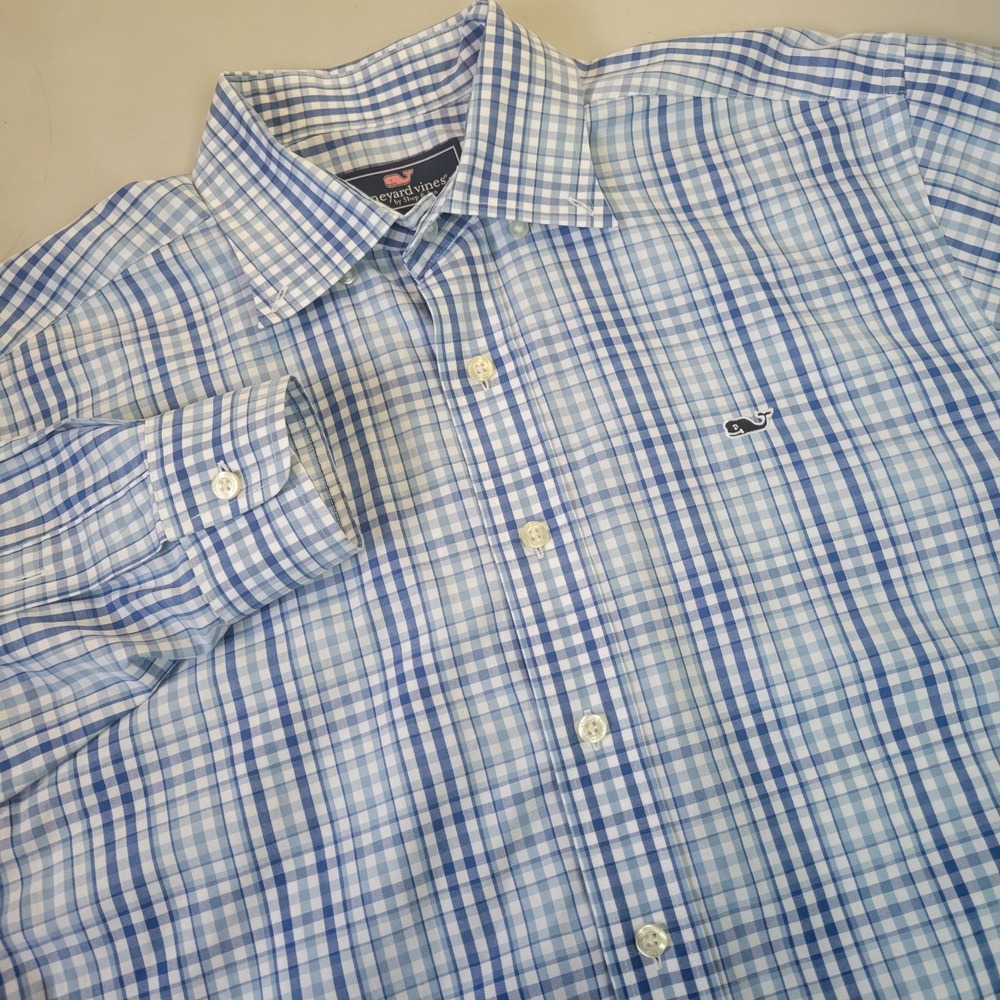Vineyard Vines Men's M Medium Long‎ Sleeve Blue White Plaid Whale Shirt